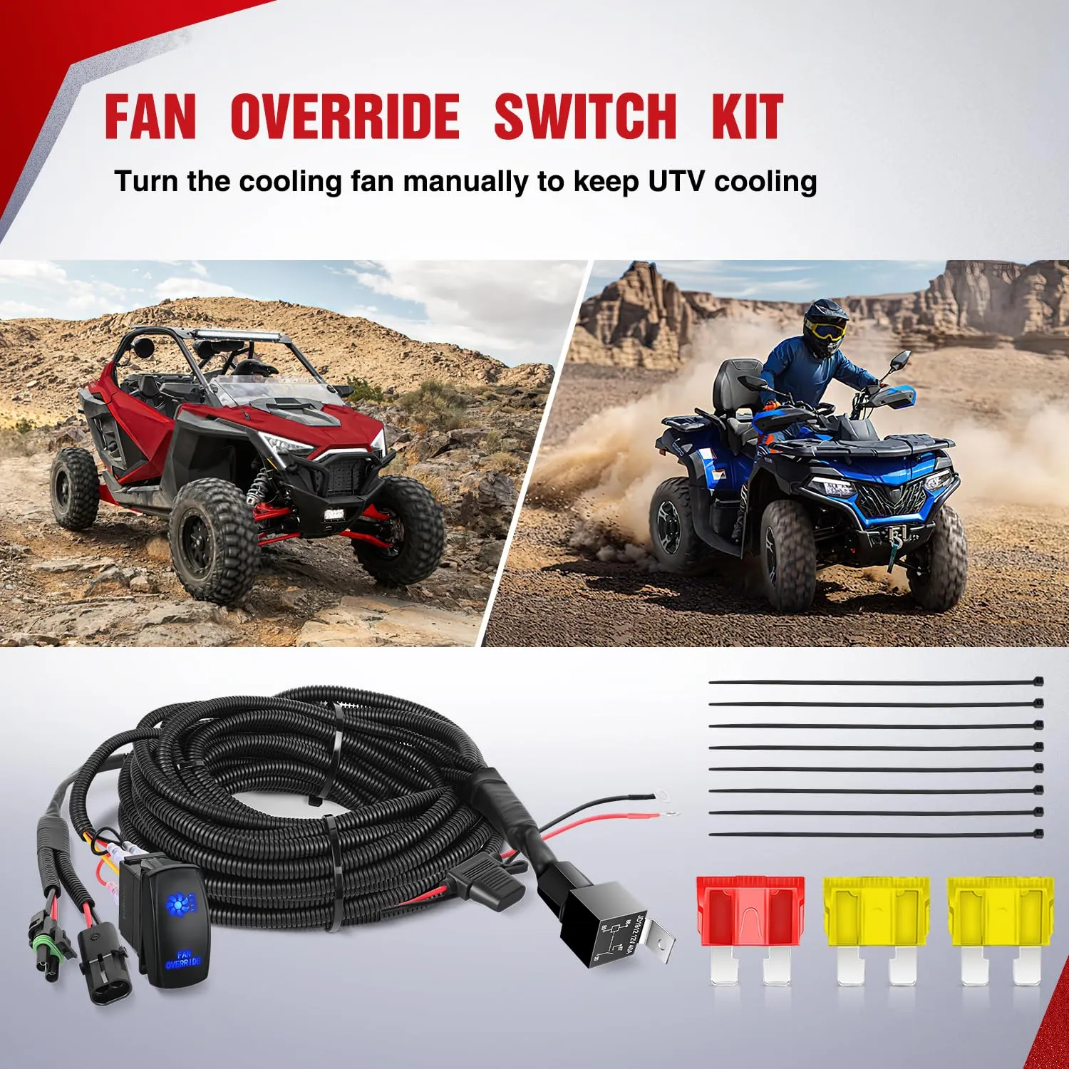 16AWG ATV UTV Fan Override Switch Kit with Relay LED Blue Light 5PIN Rocker Switch