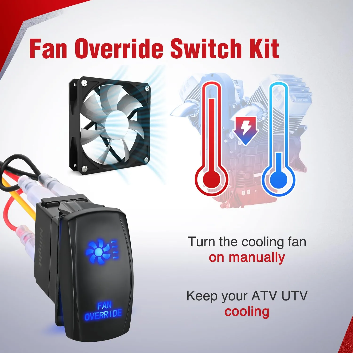 16AWG ATV UTV Fan Override Switch Kit with Relay LED Blue Light 5PIN Rocker Switch