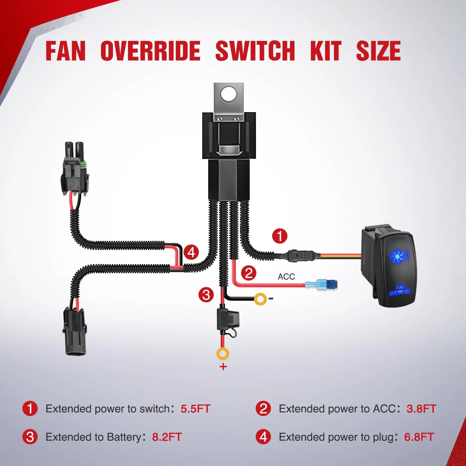 16AWG ATV UTV Fan Override Switch Kit with Relay LED Blue Light 5PIN Rocker Switch