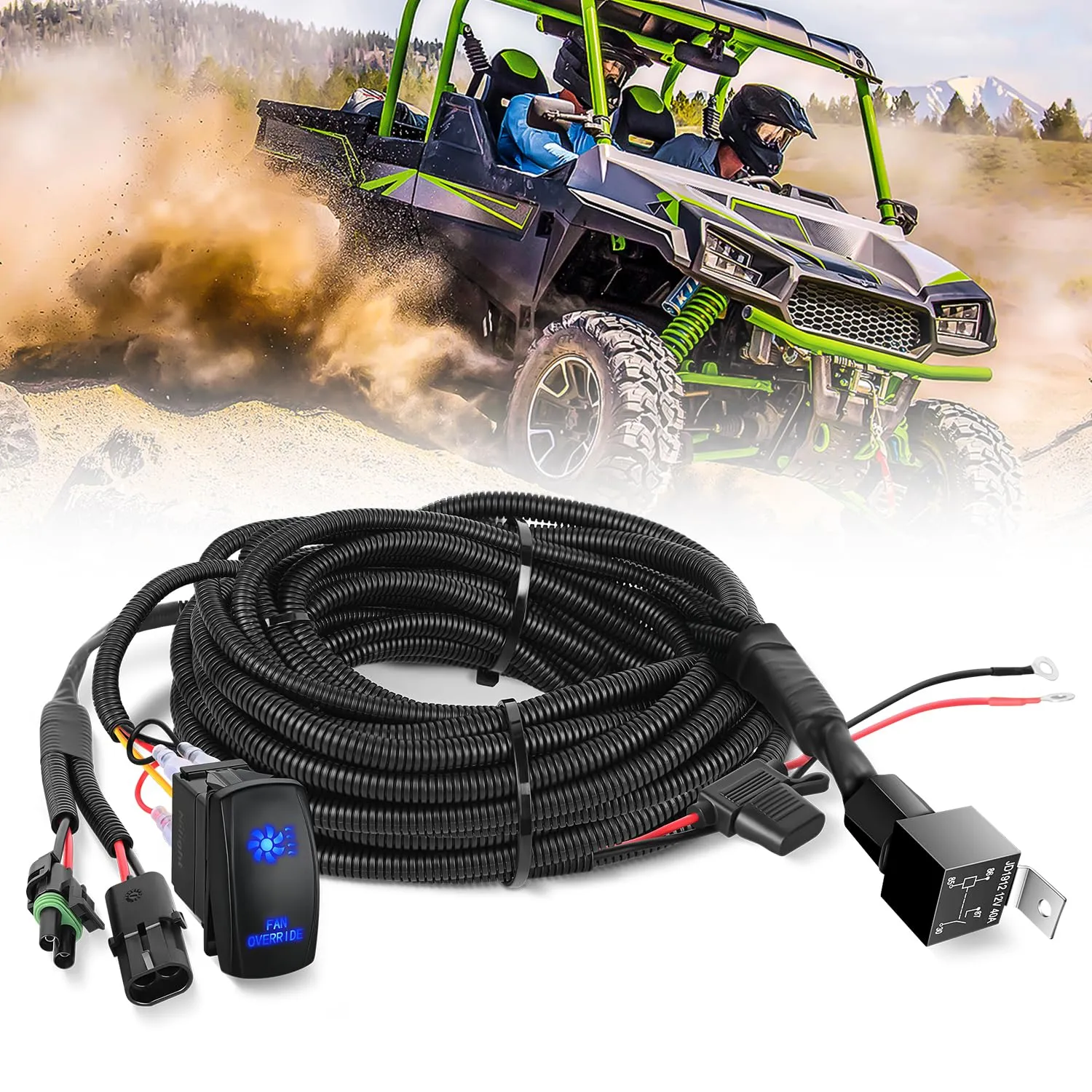 16AWG ATV UTV Fan Override Switch Kit with Relay LED Blue Light 5PIN Rocker Switch