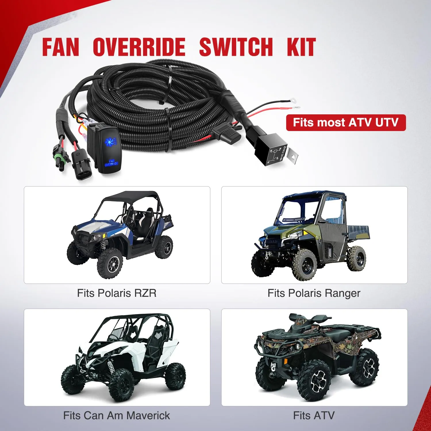 16AWG ATV UTV Fan Override Switch Kit with Relay LED Blue Light 5PIN Rocker Switch