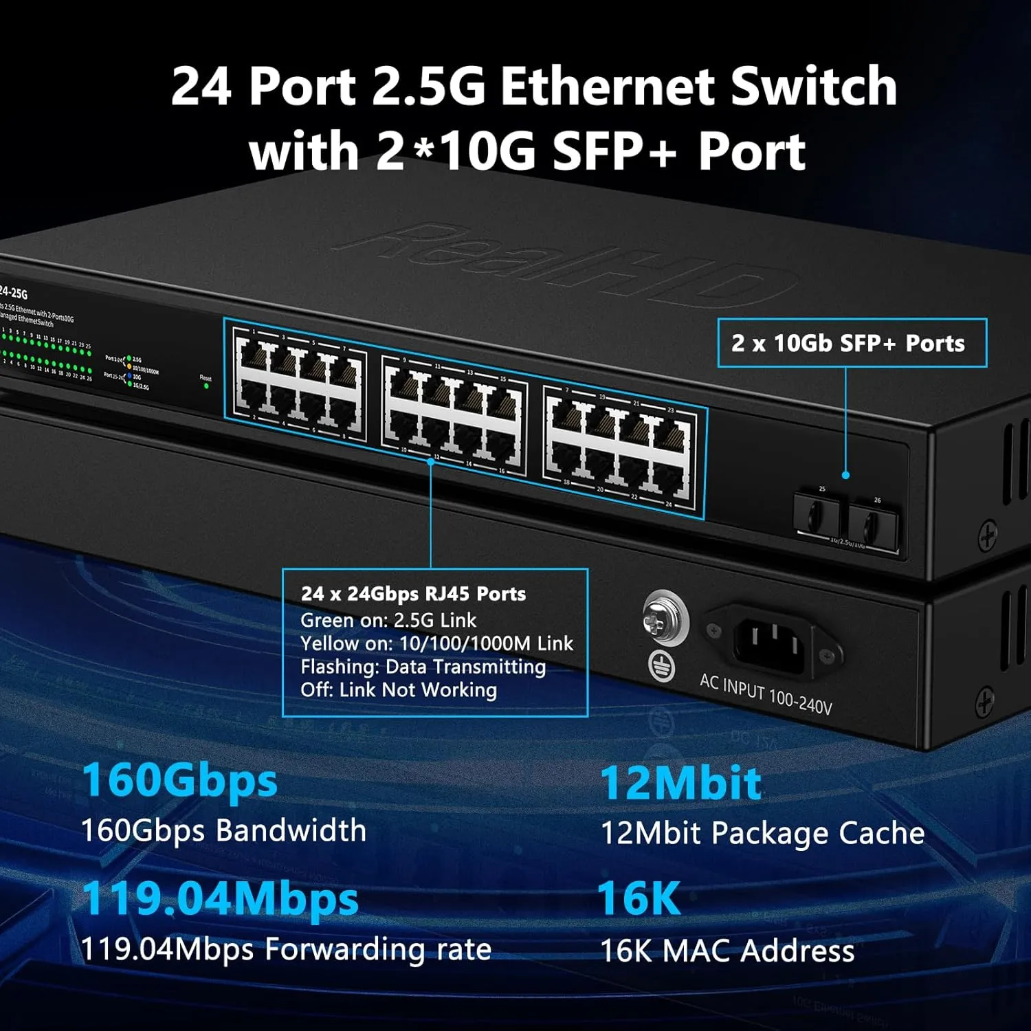 24 Port 2.5Gb Managed Ethernet Network Switch 24 x 2.5 Gigabit Base-T Port | 2 x 10G SFP  | Compatible with 10-100-1000Mbps Devices | Fanless Quiet Metal Internet Switch | Rack Mount | 160G Bandwidth