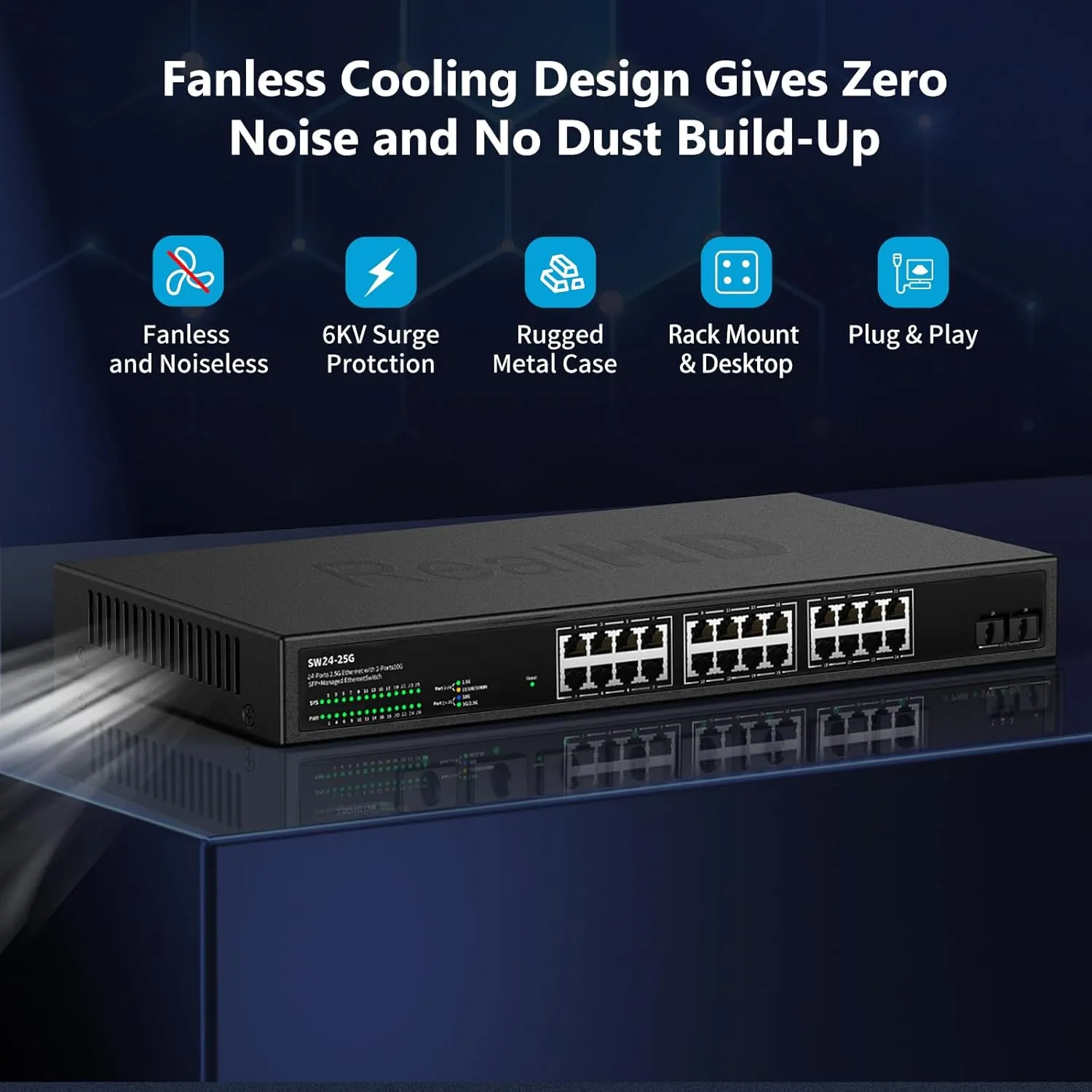 24 Port 2.5Gb Managed Ethernet Network Switch 24 x 2.5 Gigabit Base-T Port | 2 x 10G SFP  | Compatible with 10-100-1000Mbps Devices | Fanless Quiet Metal Internet Switch | Rack Mount | 160G Bandwidth