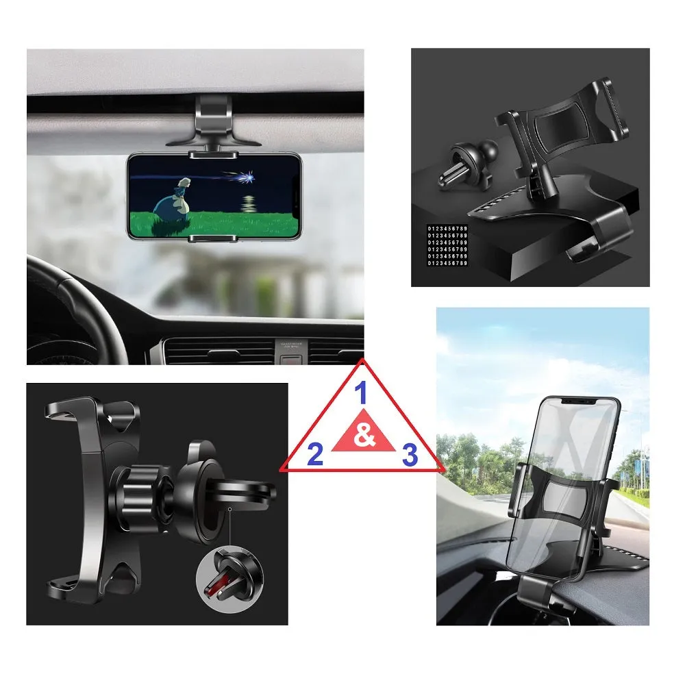 3 in 1 Car GPS Smartphone Holder: Dashboard / Visor Clamp   AC Grid Clip for Intex cloud Gem , cloud Gem Plus - Black