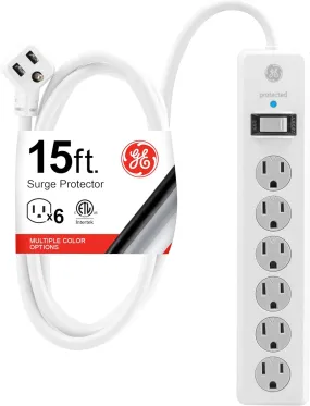 6-Outlet Sur Protector, 15 Ft Extension Cord, Power Strip, 800 Joules, Flat Plug, Twist-To-Close Safety Covers, Protected Indicator Light, UL Listed, White, 50768