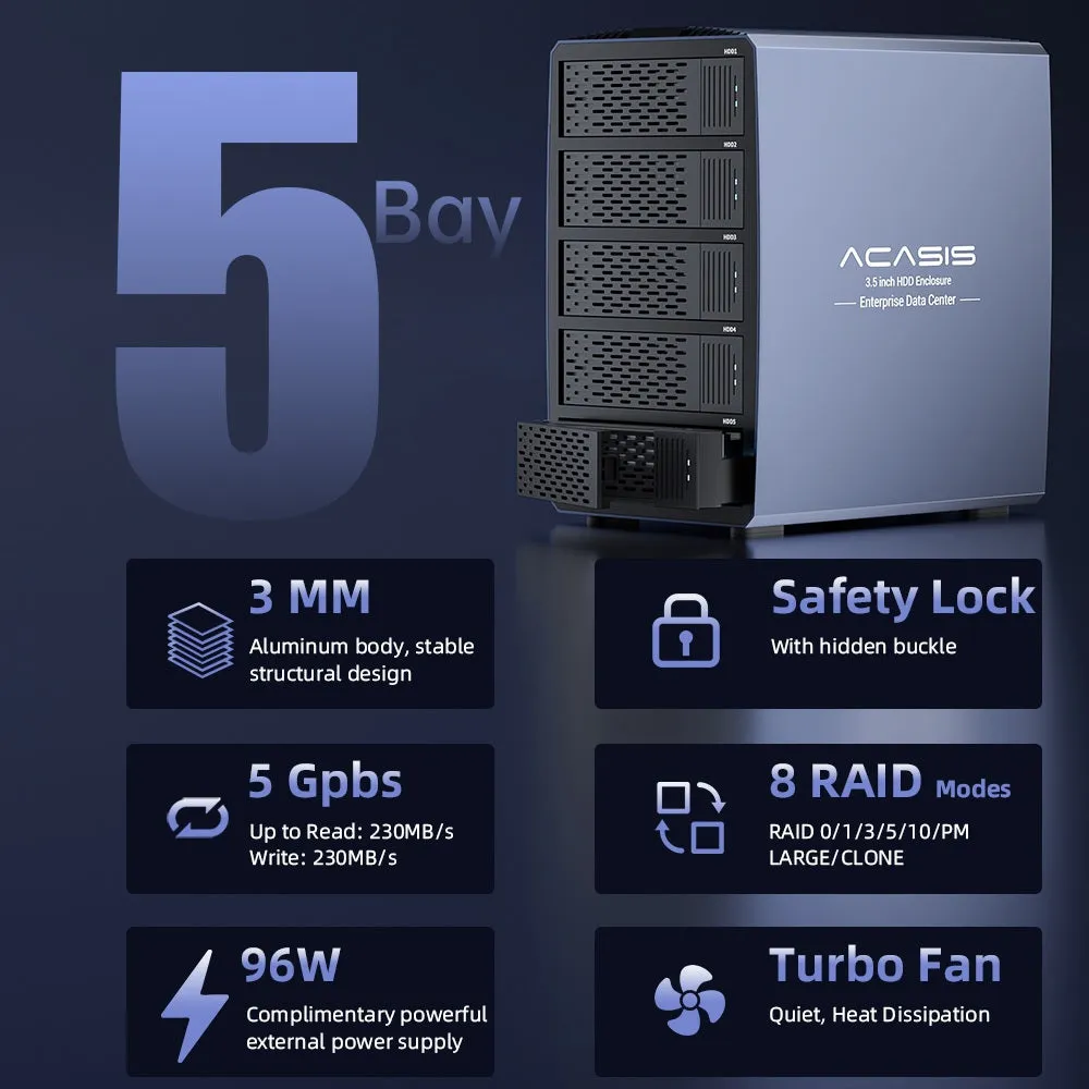 Acasis 5 Bay External Array 2.5/3.5 Inch USB to SATA HDD RAID Case