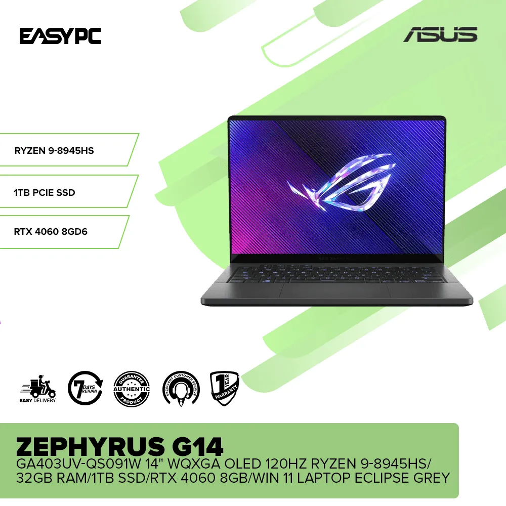 Asus ROG Zephyrus G14 14" WQXGA OLED 120Hz R9-8945HS/32GB RAM/1TB SSD/RTX 4060 8GB/Win 11 Laptop