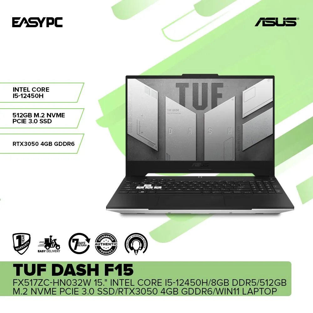 ASUS TUF Dash F15 FX517ZC-HN032W 15." Intel Core i5-12450H Win11 Laptop