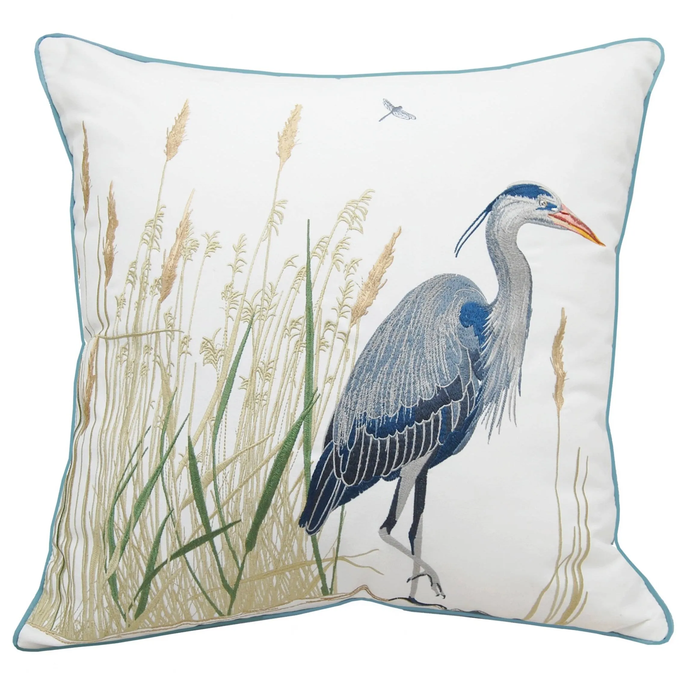 Blue Heron & Salt Marsh Embroidered Throw Pillow - 20"