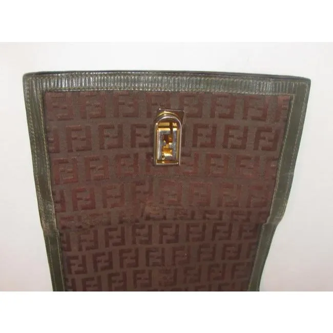 Fendi Dark Brown Small F Logo Print Canvas And Textured Brown Leather Vintage Wallet