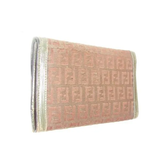 Fendi Dark Brown Small F Logo Print Canvas And Textured Brown Leather Vintage Wallet
