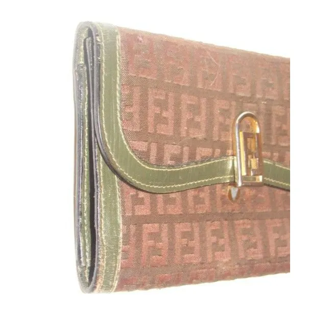 Fendi Dark Brown Small F Logo Print Canvas And Textured Brown Leather Vintage Wallet