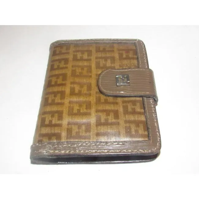 Fendi Dark Brown Small F Logo Print Coated Canvas And Textured Brown Leather Vintage Walletdesigner