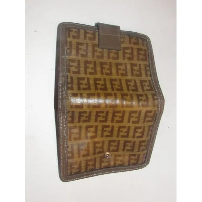 Fendi Dark Brown Small F Logo Print Coated Canvas And Textured Brown Leather Vintage Walletdesigner