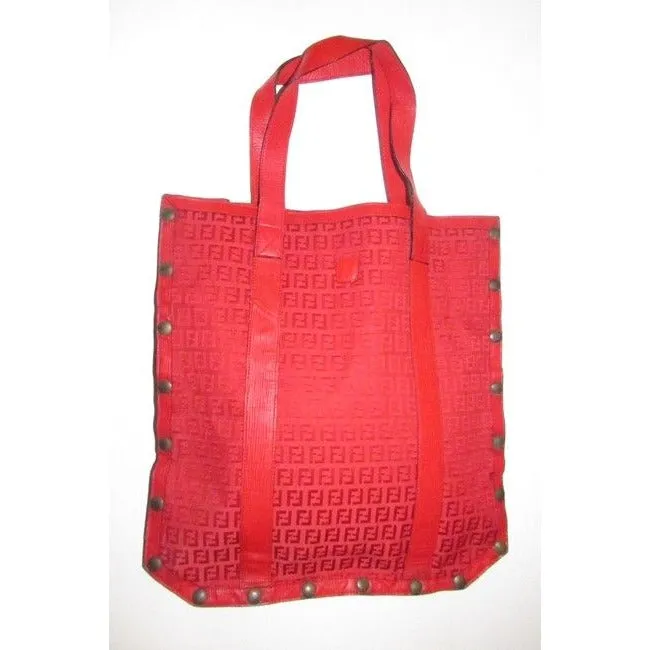 Fendi Early Xl Satchel Purses Red Zucchino Or Small F Logo Print Canvas And Red Leather Tote