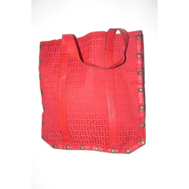 Fendi Early Xl Satchel Purses Red Zucchino Or Small F Logo Print Canvas And Red Leather Tote