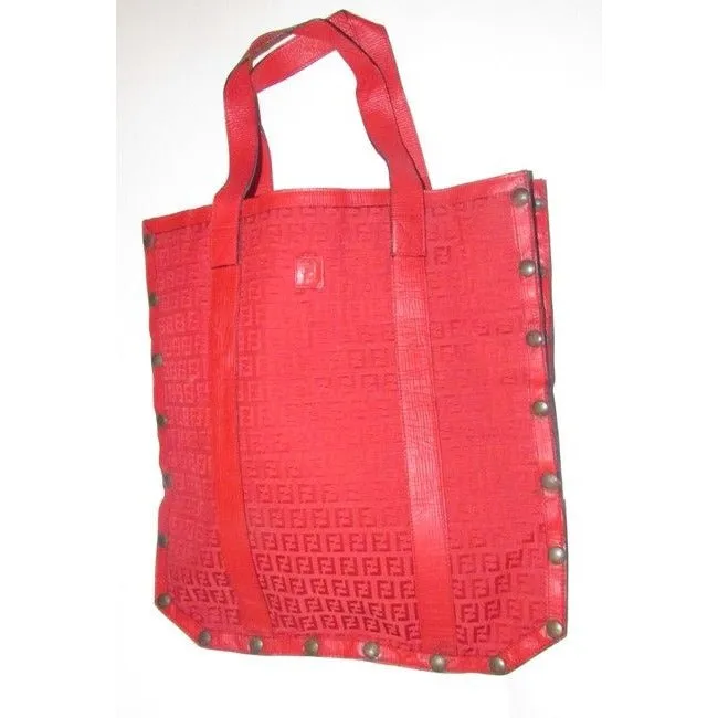 Fendi Early Xl Satchel Purses Red Zucchino Or Small F Logo Print Canvas And Red Leather Tote