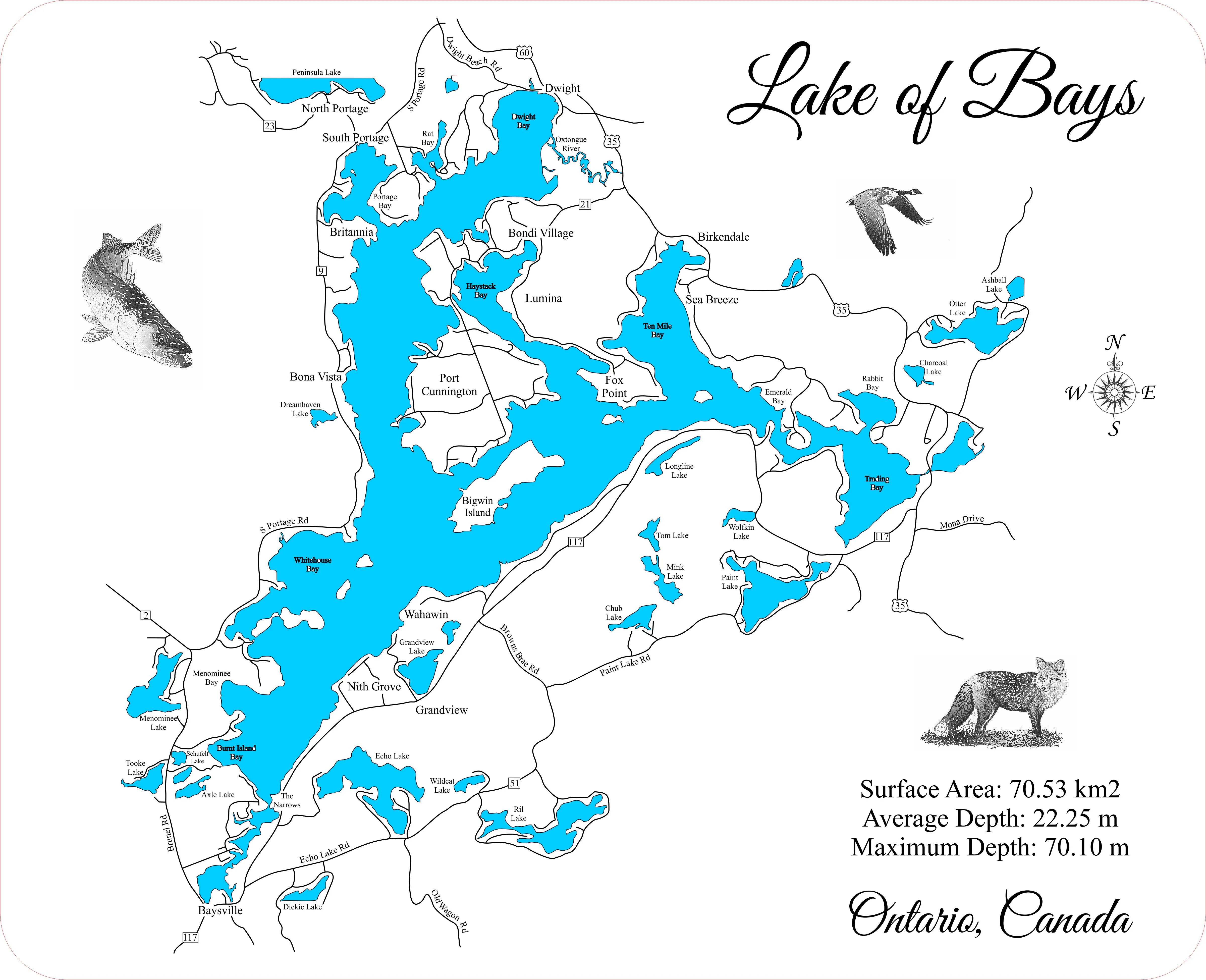 Lake of Bays, Ontario  - Laser Cut Wood Map