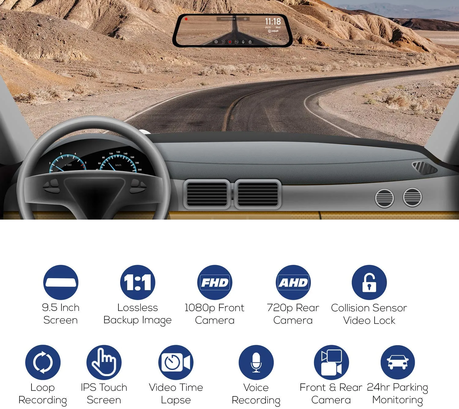 Mirror Dash Cam, weJupit 9.35 Inch Car Backup Camera Dual Front and Rear Waterproof Touch Screen Stream Media Rearview Camera Night Vision LDWS Parking Monitor (1080P 720P, 650Pro)