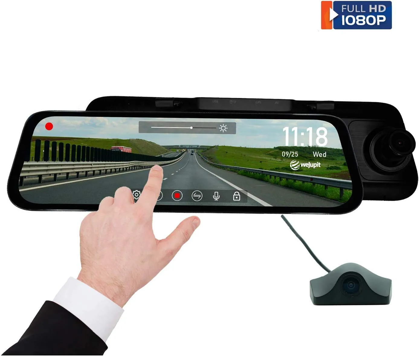 Mirror Dash Cam, weJupit 9.35 Inch Car Backup Camera Dual Front and Rear Waterproof Touch Screen Stream Media Rearview Camera Night Vision LDWS Parking Monitor (1080P 720P, 650Pro)