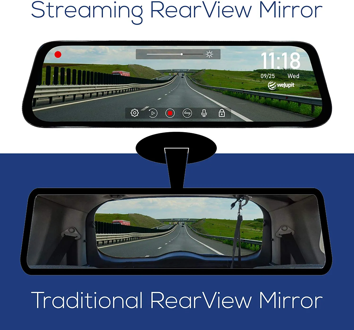 Mirror Dash Cam, weJupit 9.35 Inch Car Backup Camera Dual Front and Rear Waterproof Touch Screen Stream Media Rearview Camera Night Vision LDWS Parking Monitor (1080P 720P, 650Pro)