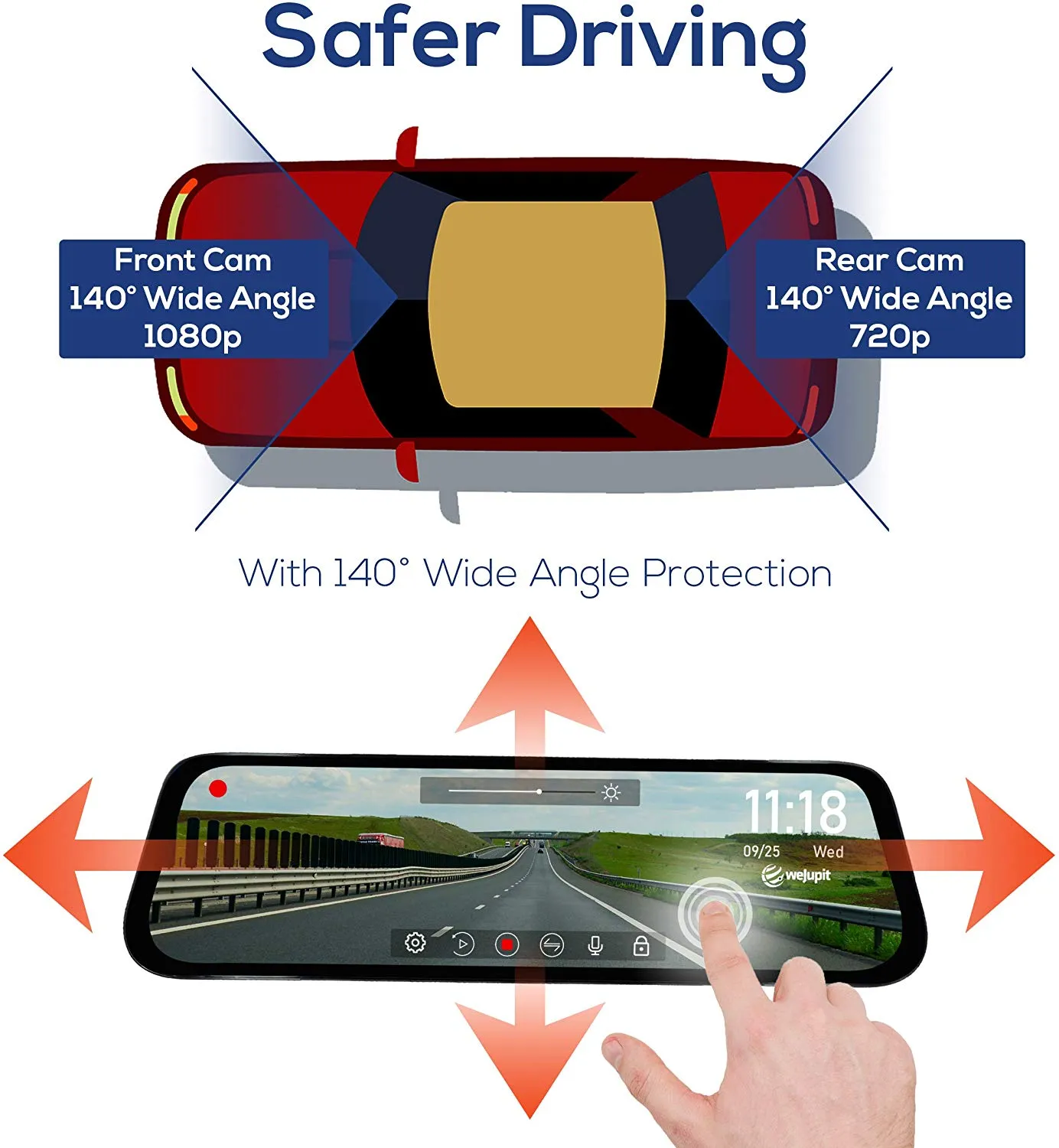 Mirror Dash Cam, weJupit 9.35 Inch Car Backup Camera Dual Front and Rear Waterproof Touch Screen Stream Media Rearview Camera Night Vision LDWS Parking Monitor (1080P 720P, 650Pro)