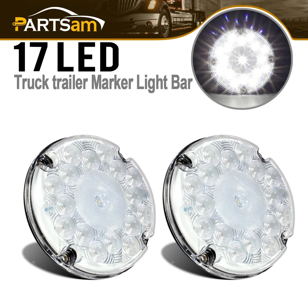 Partsam 2Pcs 7inch Round White LED Backup Lights 17 LED Marker Clearance Running Lights Surface Mount for Transit Vehicles Bus Truck Trailers