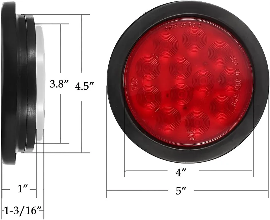 Partsam 4Pcs 4inch Inch Round Led Stop Turn Tail Back-up Reverse Fog Lights 12 LED Include Lights Grommet 3-Prong Wire Pigtails Round LED Trailer Tail Light Kit for Truck Trailer RV( 2 Red   2 White)