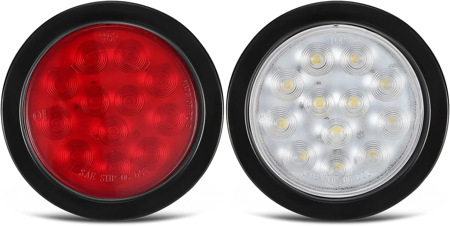 Partsam 4Pcs 4inch Inch Round Led Stop Turn Tail Back-up Reverse Fog Lights 12 LED Include Lights Grommet 3-Prong Wire Pigtails Round LED Trailer Tail Light Kit for Truck Trailer RV( 2 Red   2 White)