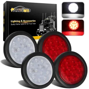 Partsam 4Pcs 4inch Inch Round Led Stop Turn Tail Back-up Reverse Fog Lights 12 LED Include Lights Grommet 3-Prong Wire Pigtails Round LED Trailer Tail Light Kit for Truck Trailer RV( 2 Red   2 White)
