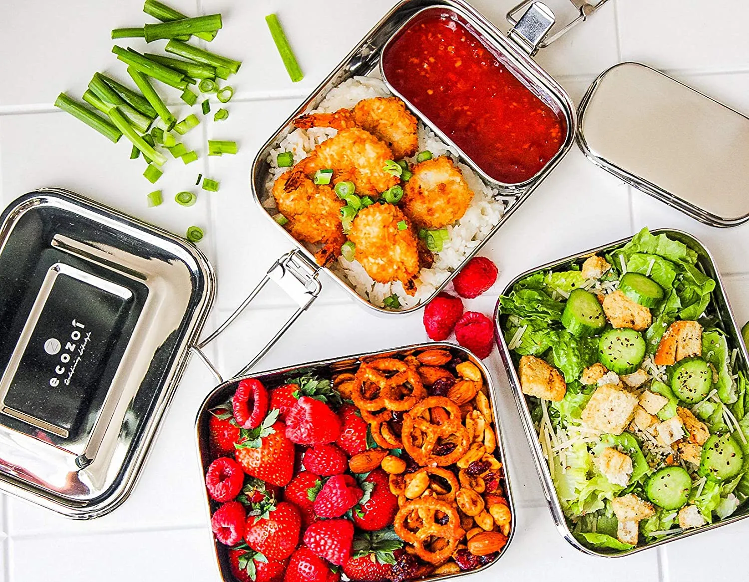 Stainless Steel Lunch Box, Leak Proof, 3 Tier Rectangle with Bonus Pod