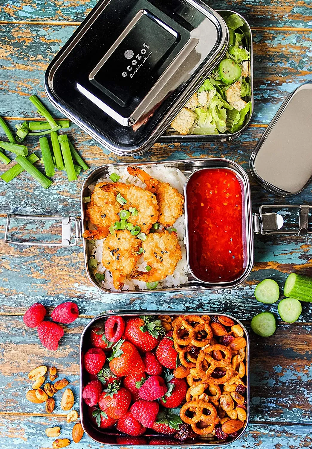 Stainless Steel Lunch Box, Leak Proof, 3 Tier Rectangle with Bonus Pod