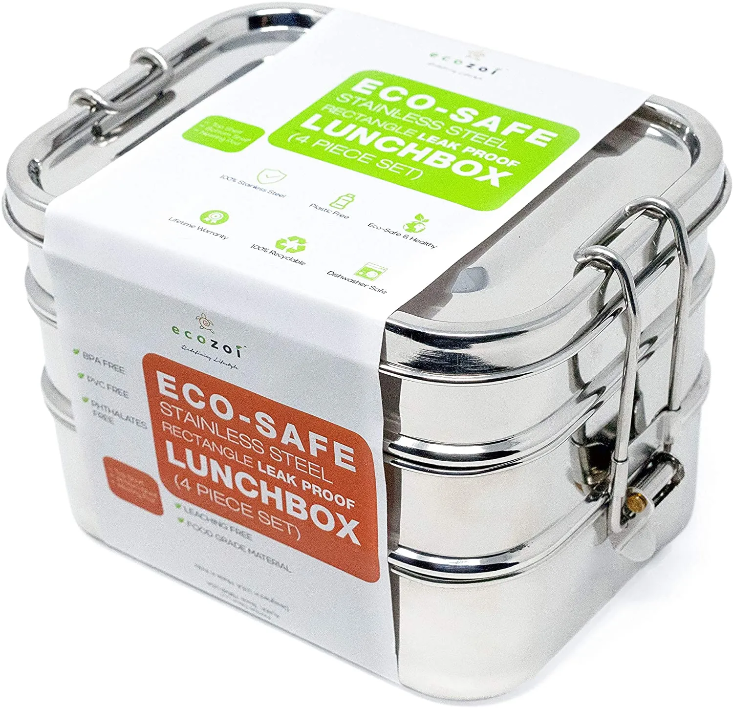 Stainless Steel Lunch Box, Leak Proof, 3 Tier Rectangle with Bonus Pod