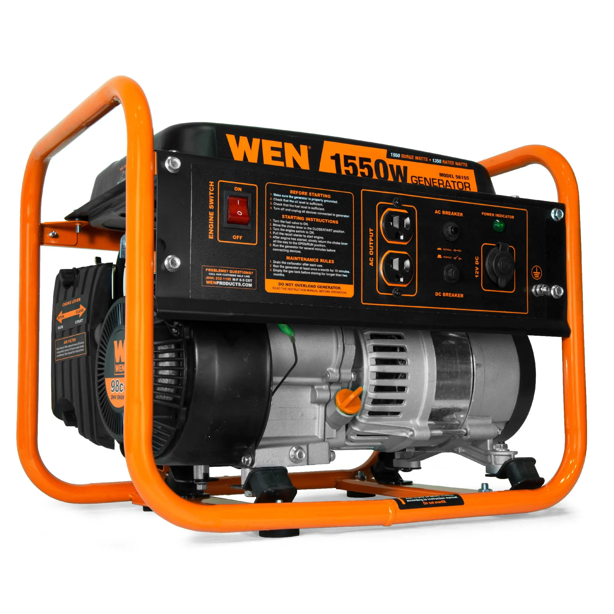 WEN 56155 4-Stroke 98cc 1550-Watt Portable Power Generator, CARB Compliant