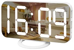 WulaWindy Digital Alarm Clock, Large Mirrored LED Display, with USB Charger, Snooze Function Dim Mode Wall Hanging Beside Desk Clock for Bedroom (White)